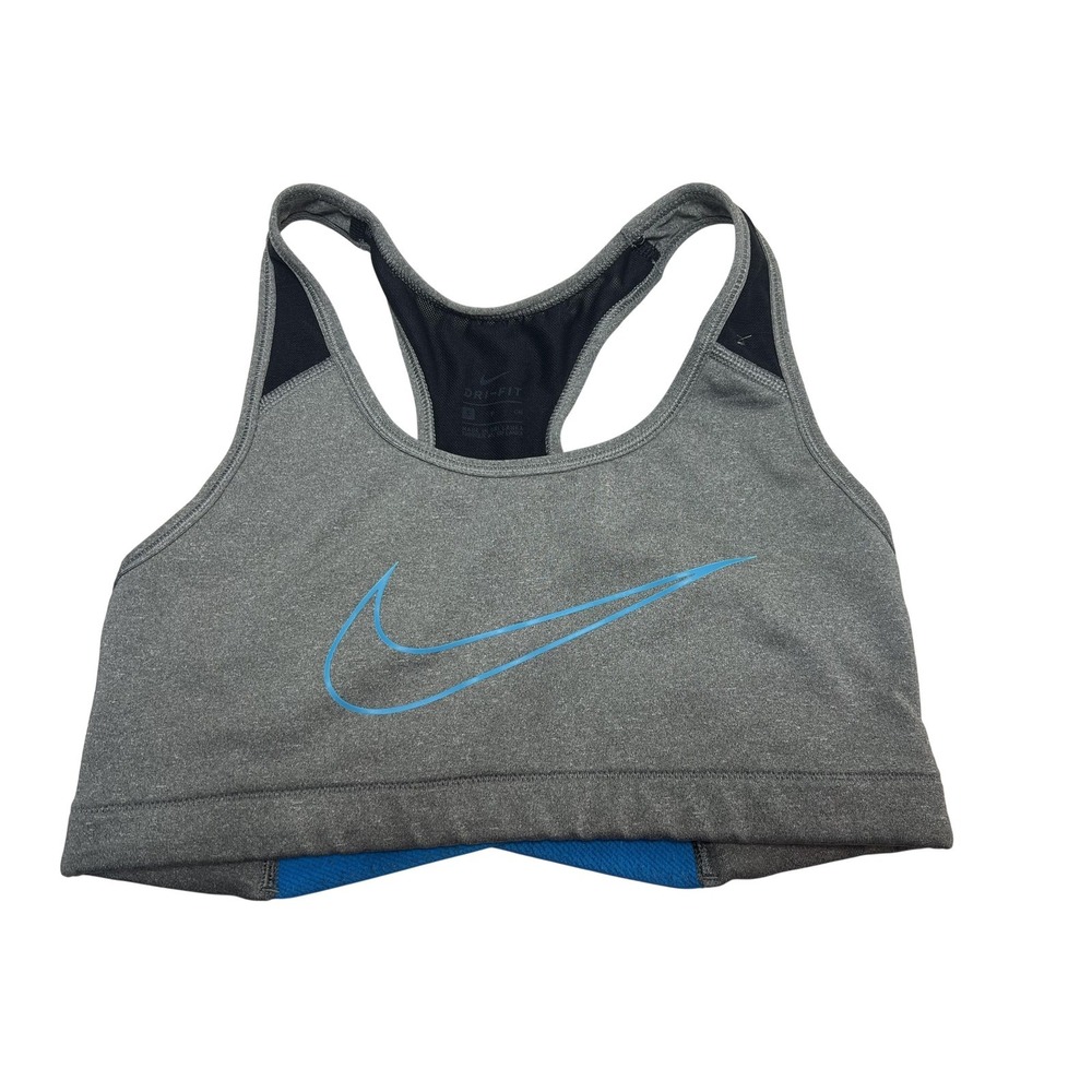 Nike Sports Bra Womens Medium Gray Dri-FIT Racerback Logo Athletic Gym Training